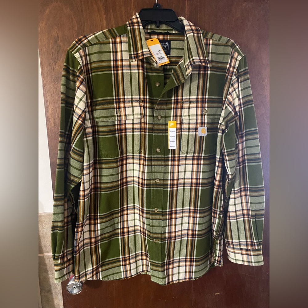 NWT Carhartt Original Fit Mens L Green Plaid Flannel Shirt